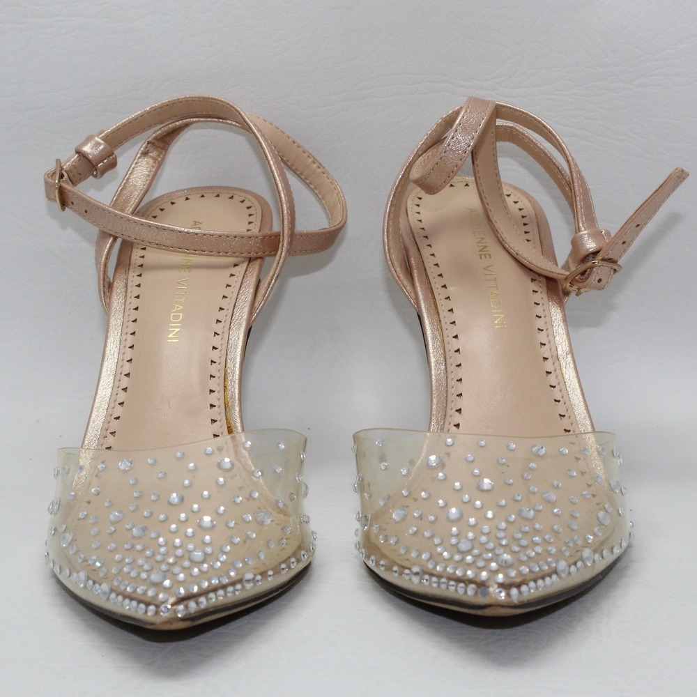 Adrienne Vittadini AV-NERVE Rose Gold Rhinestone Clear Ankle‎ Strap Pumps 9M